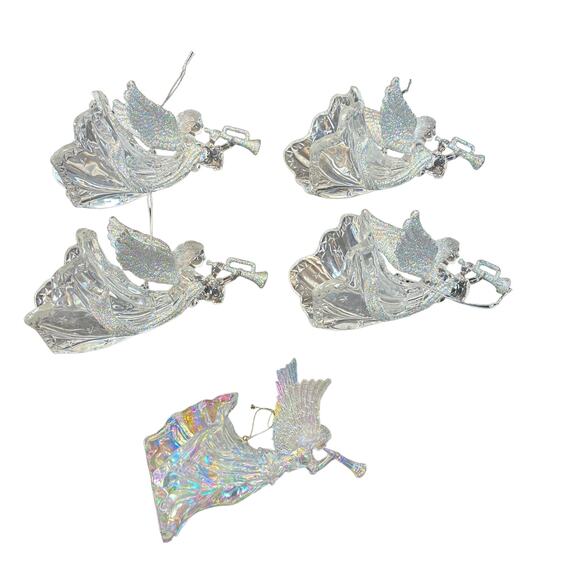 Vtg Lot Clear Acrylic Iridescent Angels w/Trumpets In Flight Christmas Ornaments - Picture 1 of 4